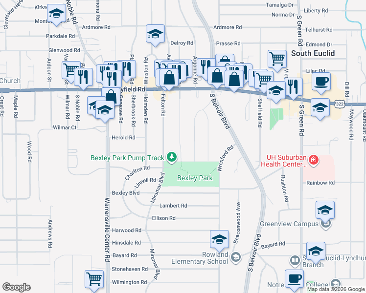 map of restaurants, bars, coffee shops, grocery stores, and more near 1575 Maplegrove Road in South Euclid