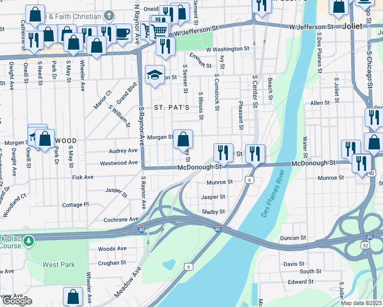 map of restaurants, bars, coffee shops, grocery stores, and more near 318 Dewey Street in Joliet