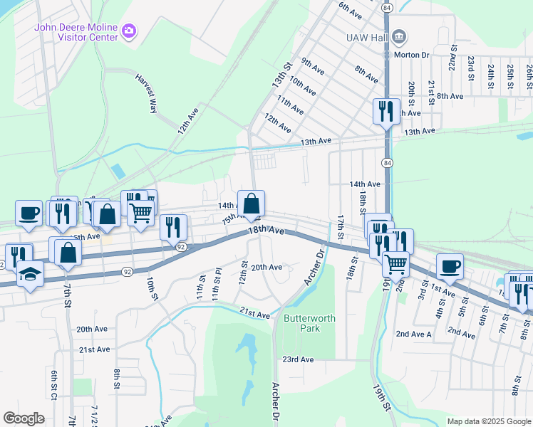 map of restaurants, bars, coffee shops, grocery stores, and more near 1316 15th Avenue in East Moline