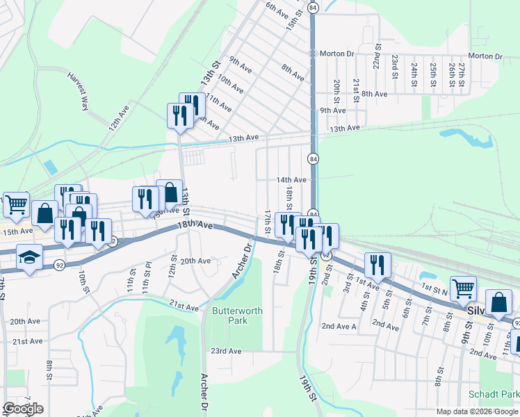 map of restaurants, bars, coffee shops, grocery stores, and more near 1447 17th Street in East Moline