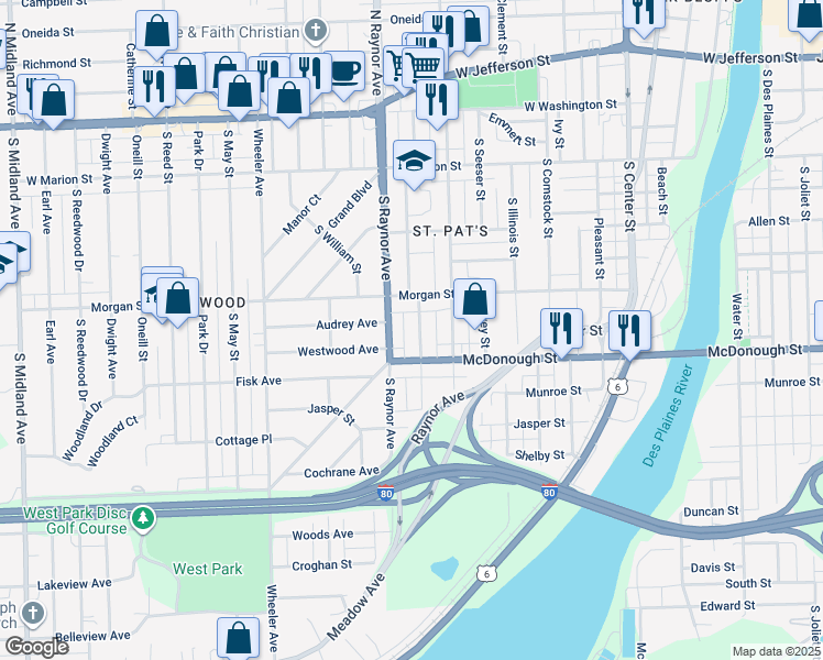 map of restaurants, bars, coffee shops, grocery stores, and more near 311 S Willow Ave in Joliet