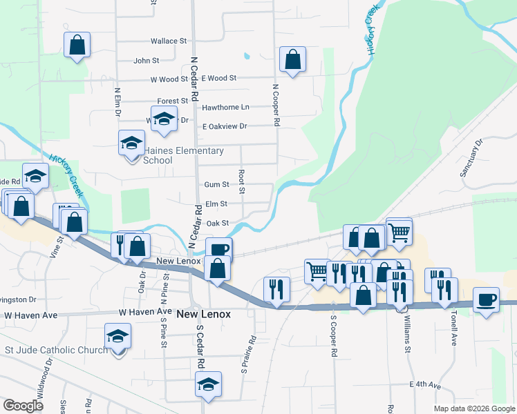 map of restaurants, bars, coffee shops, grocery stores, and more near 241 Oak Street in New Lenox