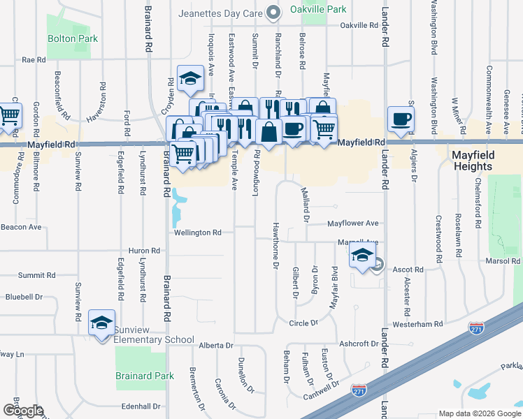 map of restaurants, bars, coffee shops, grocery stores, and more near 1595 Longwood Road in Mayfield Heights