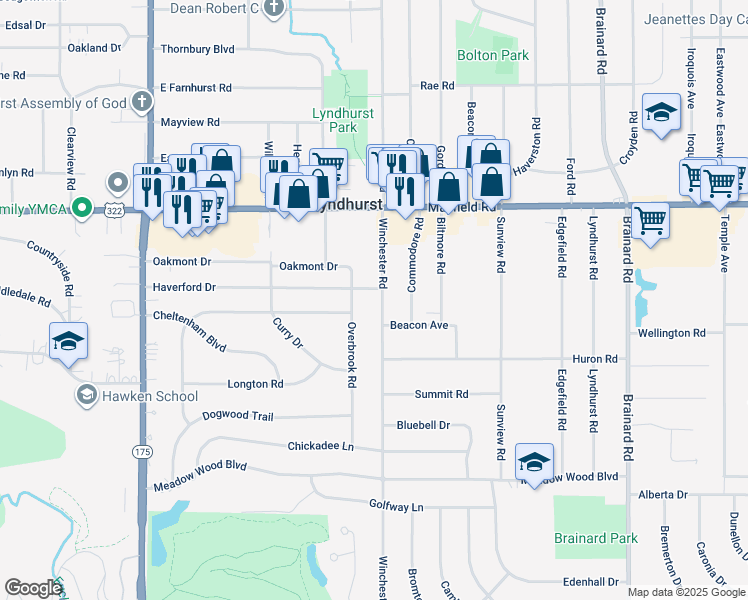 map of restaurants, bars, coffee shops, grocery stores, and more near 1576 Winchester Road in Lyndhurst