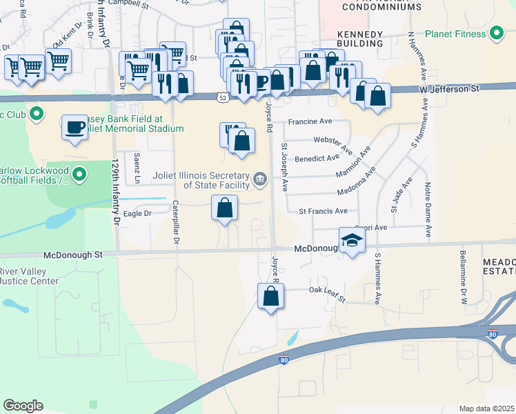 map of restaurants, bars, coffee shops, grocery stores, and more near 2412 Par 4 Court in Joliet