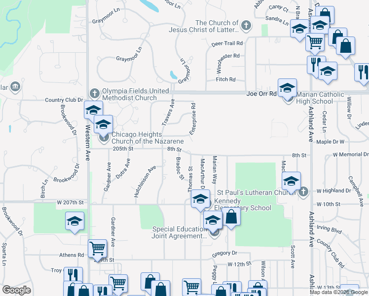 map of restaurants, bars, coffee shops, grocery stores, and more near 571 8th Street in Chicago Heights