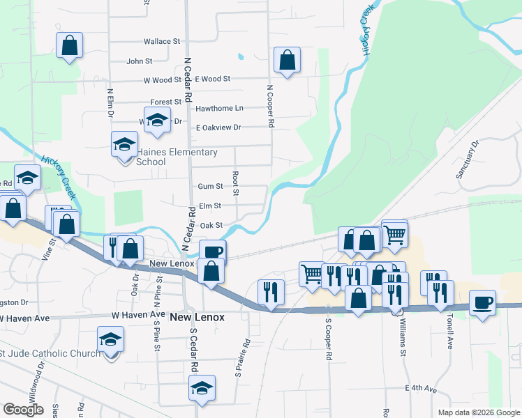 map of restaurants, bars, coffee shops, grocery stores, and more near 241 Oak Street in New Lenox