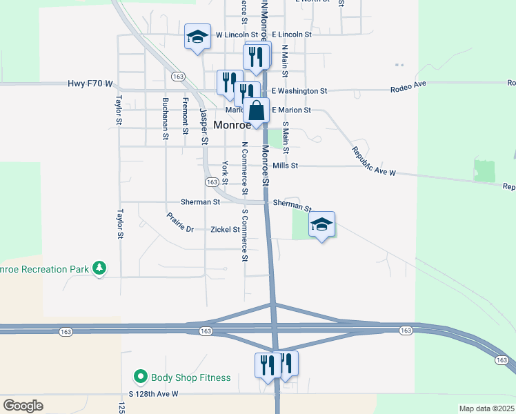 map of restaurants, bars, coffee shops, grocery stores, and more near 100 Sherman Street in Monroe
