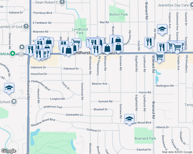map of restaurants, bars, coffee shops, grocery stores, and more near 1576 Commodore Road in Lyndhurst