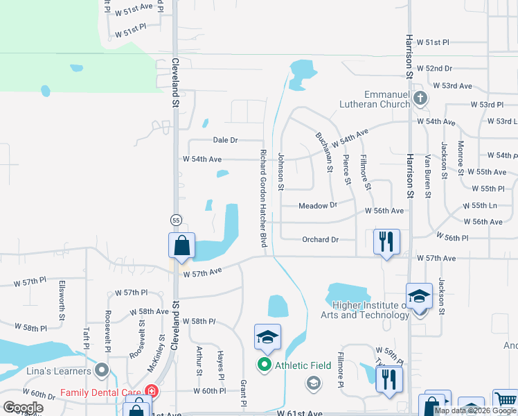 map of restaurants, bars, coffee shops, grocery stores, and more near 5540 Grant Street in Merrillville