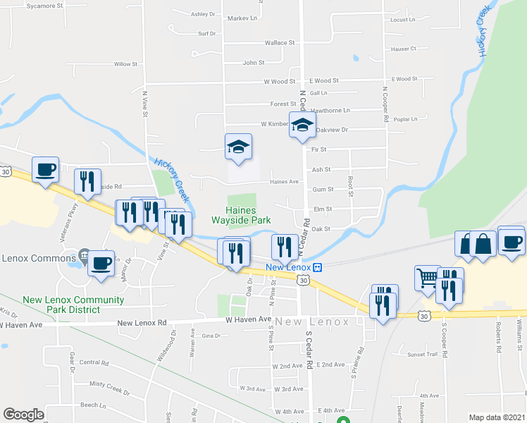 map of restaurants, bars, coffee shops, grocery stores, and more near 182 Batson Court in New Lenox