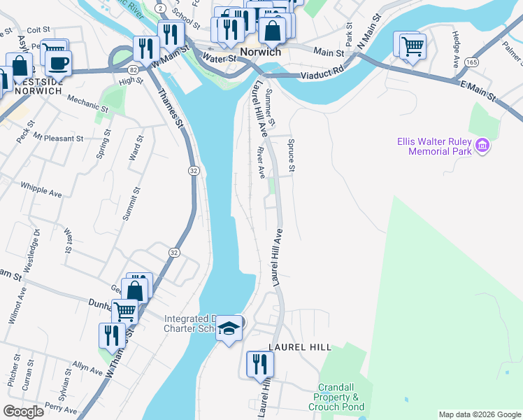 map of restaurants, bars, coffee shops, grocery stores, and more near 103 River Avenue in Norwich