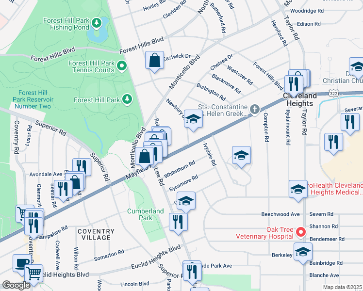 map of restaurants, bars, coffee shops, grocery stores, and more near 3161 U.S. 322 in Cleveland Heights