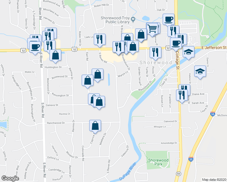 map of restaurants, bars, coffee shops, grocery stores, and more near 511 South Raven Road in Shorewood