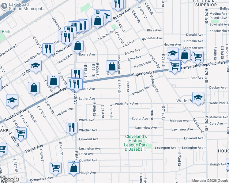 map of restaurants, bars, coffee shops, grocery stores, and more near 6310 Dibble Ave in Cleveland