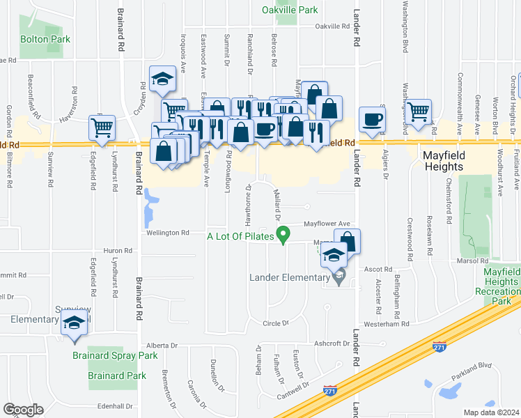 map of restaurants, bars, coffee shops, grocery stores, and more near 1607 Hawthorne Drive in Mayfield Heights