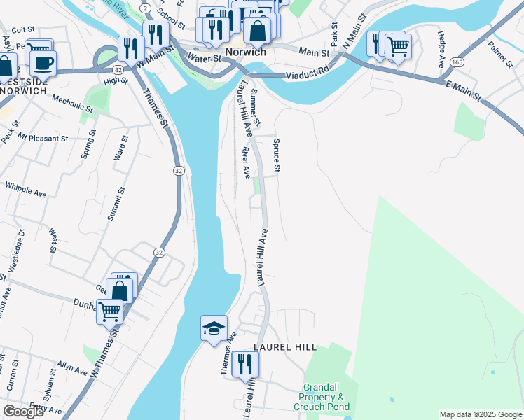 map of restaurants, bars, coffee shops, grocery stores, and more near 187 Laurel Hill Avenue in Norwich
