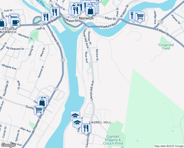map of restaurants, bars, coffee shops, grocery stores, and more near 187 Laurel Hill Avenue in Norwich