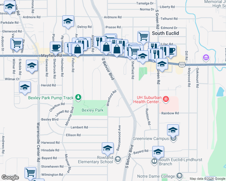 map of restaurants, bars, coffee shops, grocery stores, and more near 1590 Wrenford Road in South Euclid