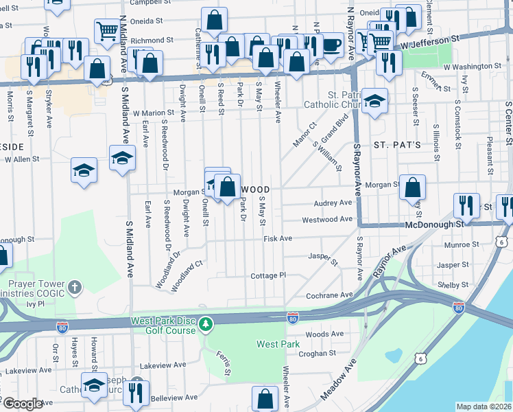 map of restaurants, bars, coffee shops, grocery stores, and more near 313 South May Street in Joliet