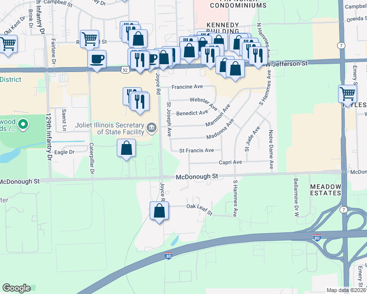 map of restaurants, bars, coffee shops, grocery stores, and more near 2307 Saint Francis Avenue in Joliet