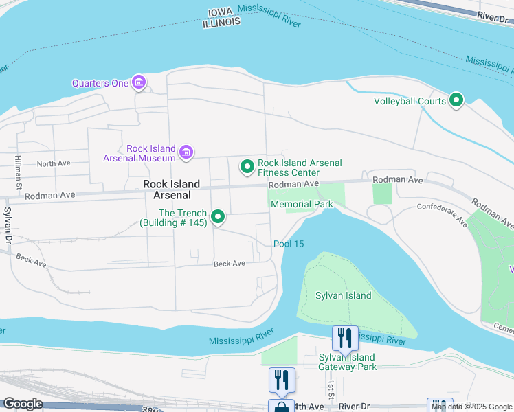map of restaurants, bars, coffee shops, grocery stores, and more near 3438 Rodman Avenue in Rock Island