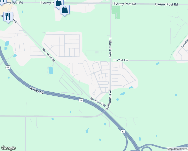 map of restaurants, bars, coffee shops, grocery stores, and more near 501 Meadows Court in Des Moines