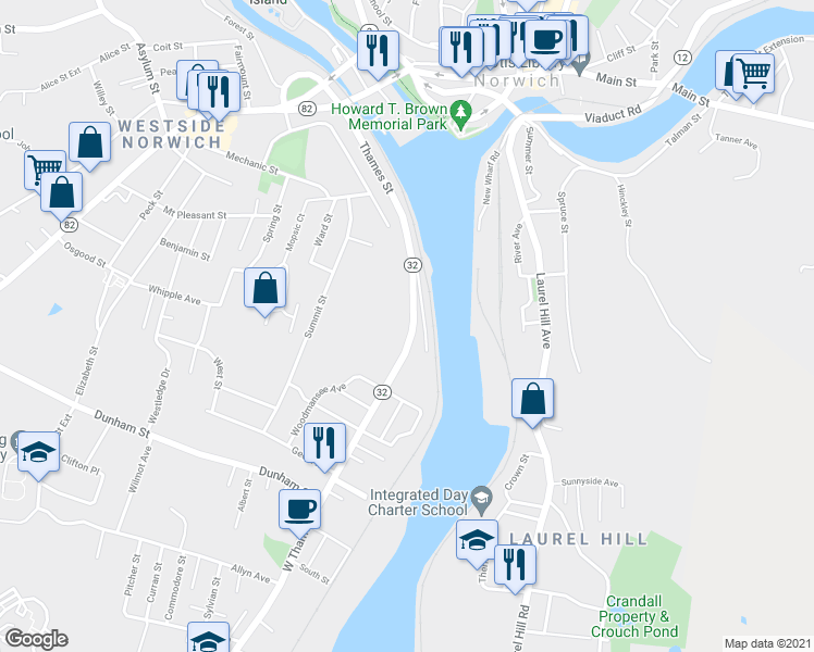 map of restaurants, bars, coffee shops, grocery stores, and more near 51 West Thames Street in Norwich