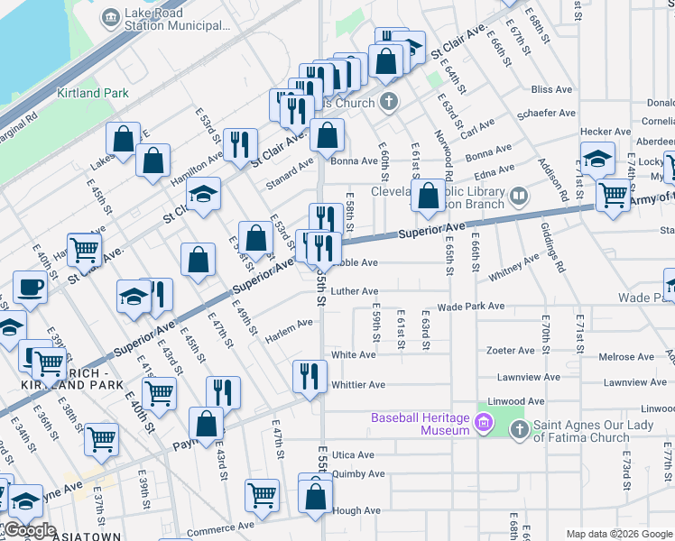 map of restaurants, bars, coffee shops, grocery stores, and more near 1547 East 55th Street in Cleveland