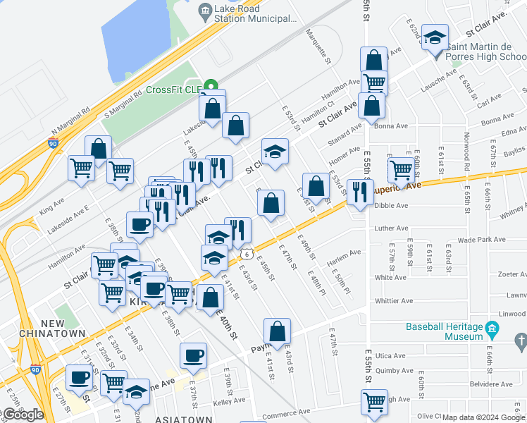 map of restaurants, bars, coffee shops, grocery stores, and more near 1415 East 47th Street in Cleveland