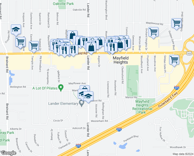 map of restaurants, bars, coffee shops, grocery stores, and more near 1594 Algiers Drive in Mayfield Heights
