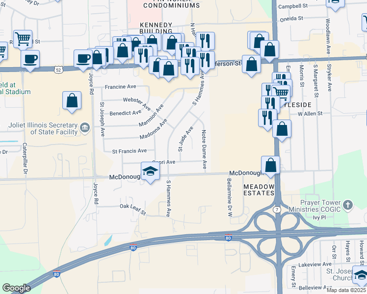 map of restaurants, bars, coffee shops, grocery stores, and more near 208 Saint Jude Avenue in Joliet