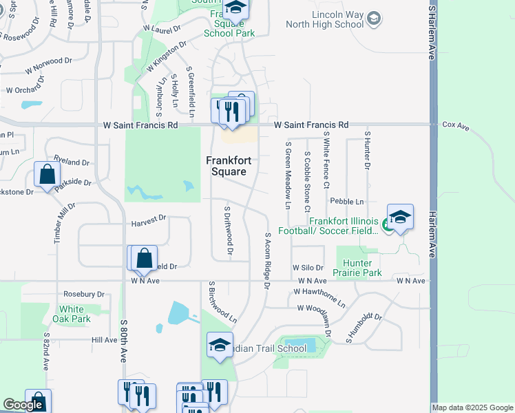 map of restaurants, bars, coffee shops, grocery stores, and more near 20515 South Acorn Ridge Drive in Frankfort