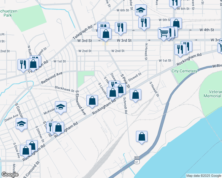 map of restaurants, bars, coffee shops, grocery stores, and more near 416 South Hancock Avenue in Davenport