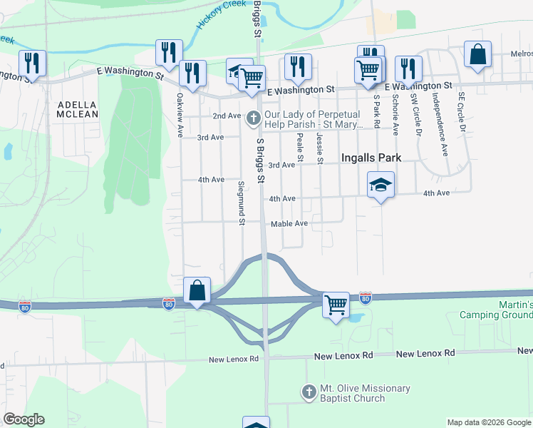map of restaurants, bars, coffee shops, grocery stores, and more near 410 South Briggs Street in Joliet