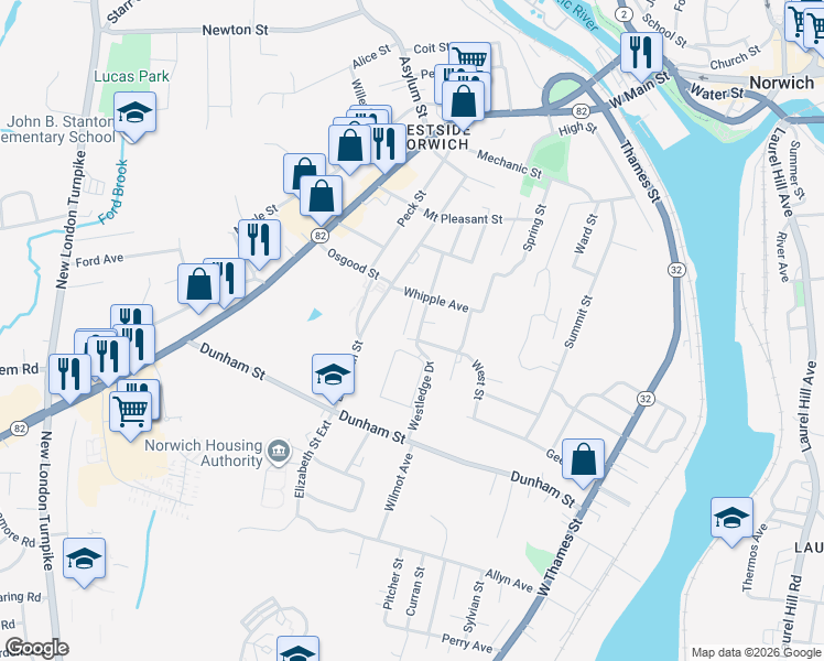 map of restaurants, bars, coffee shops, grocery stores, and more near 68 Scott Street in Norwich