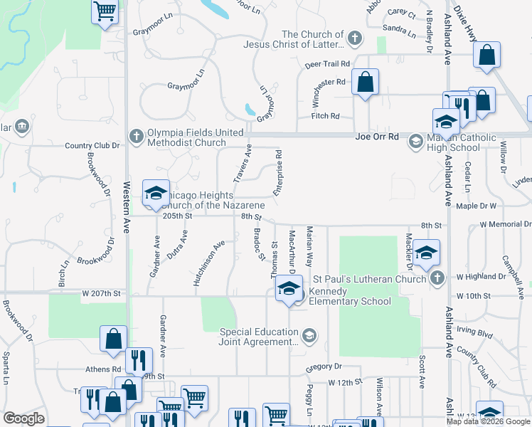 map of restaurants, bars, coffee shops, grocery stores, and more near 571 8th Street in Chicago Heights