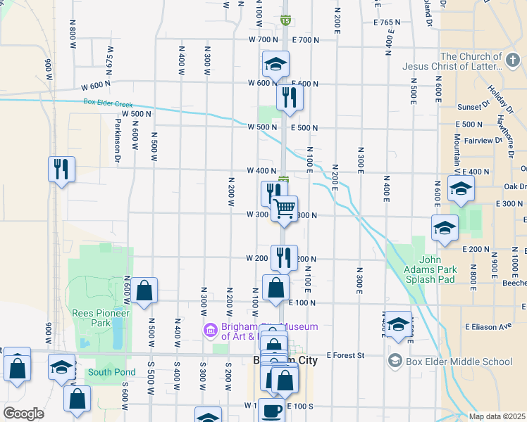 map of restaurants, bars, coffee shops, grocery stores, and more near 50 West 300 North in Brigham City