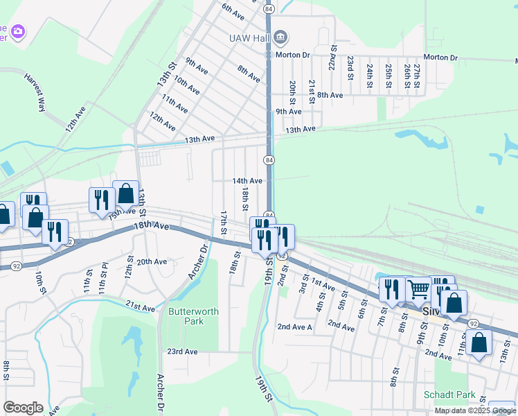 map of restaurants, bars, coffee shops, grocery stores, and more near 1447 19th Street in Silvis