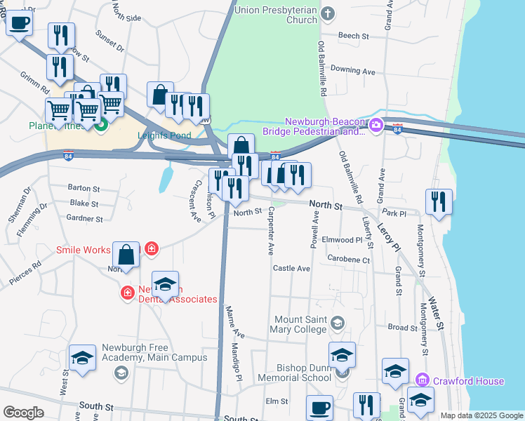 map of restaurants, bars, coffee shops, grocery stores, and more near 145 North Street in Newburgh