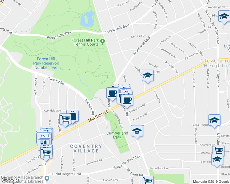 map of restaurants, bars, coffee shops, grocery stores, and more near 3008 Monticello Boulevard in Cleveland Heights