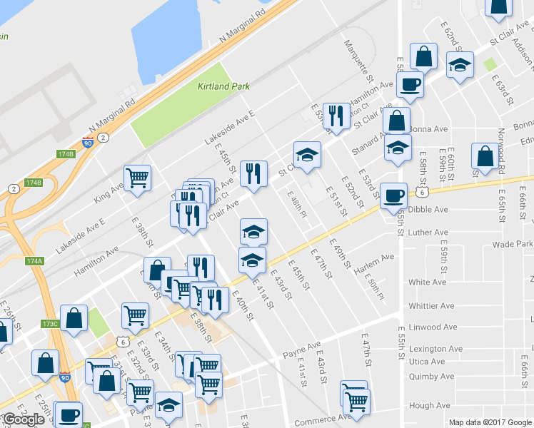 map of restaurants, bars, coffee shops, grocery stores, and more near 1387 East 45th Street in Cleveland