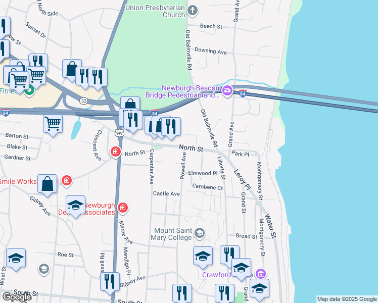 map of restaurants, bars, coffee shops, grocery stores, and more near 449 Powell Avenue in Newburgh