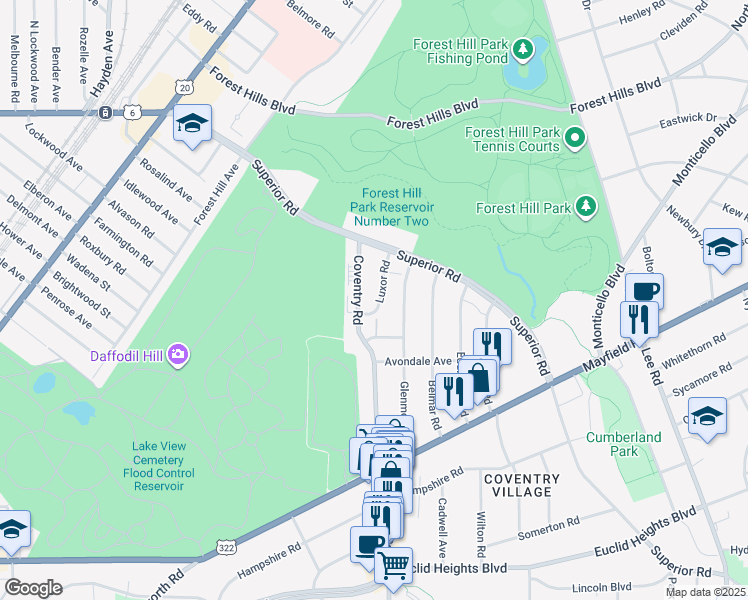 map of restaurants, bars, coffee shops, grocery stores, and more near 1546 Luxor Rd in East Cleveland