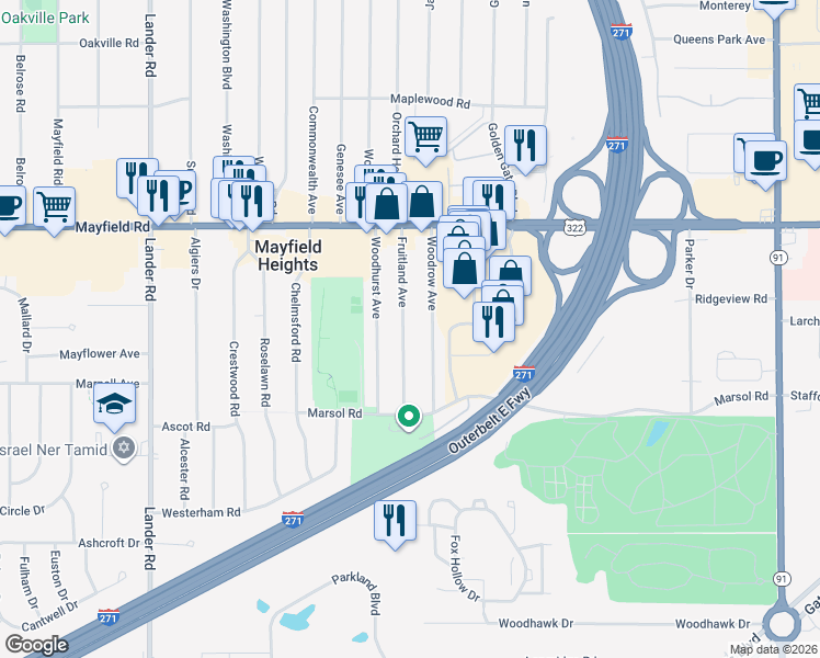 map of restaurants, bars, coffee shops, grocery stores, and more near 1599 Fruitland Avenue in Mayfield Heights