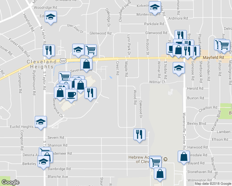 map of restaurants, bars, coffee shops, grocery stores, and more near 1570 Crest Road in Cleveland Heights