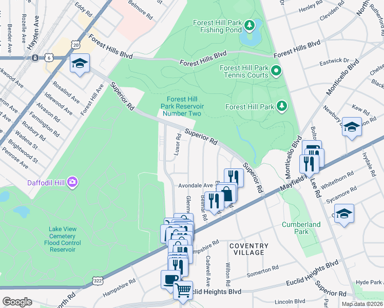 map of restaurants, bars, coffee shops, grocery stores, and more near 1547 Glenmont Road in East Cleveland