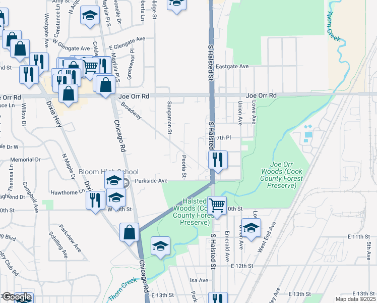 map of restaurants, bars, coffee shops, grocery stores, and more near 165 Broadway in Chicago Heights