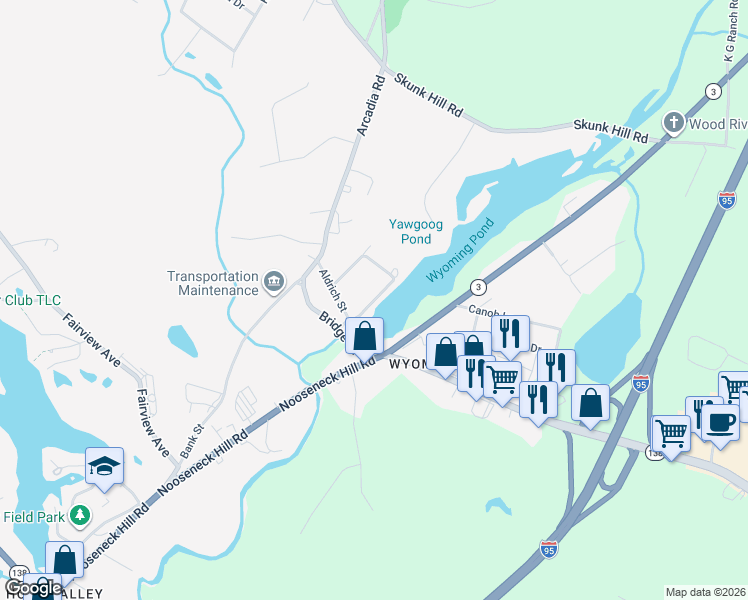 map of restaurants, bars, coffee shops, grocery stores, and more near Prospect Square in Hopkinton