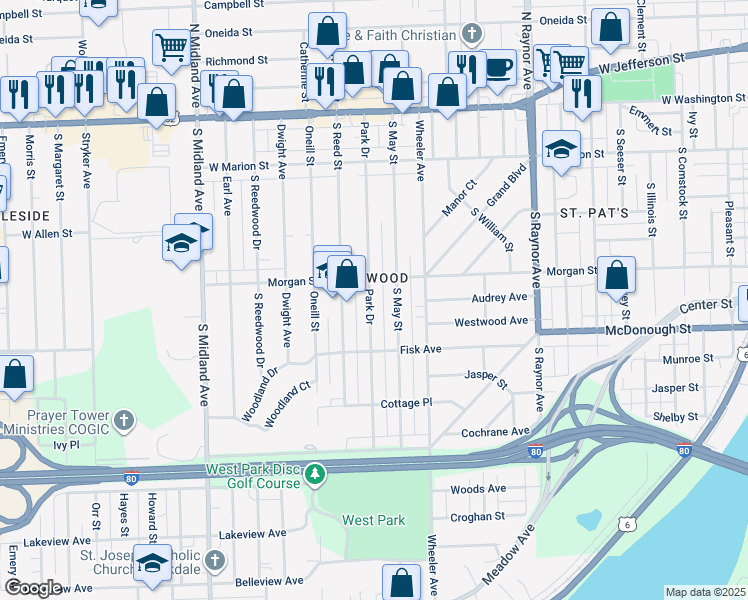 map of restaurants, bars, coffee shops, grocery stores, and more near 310 Park Drive in Joliet